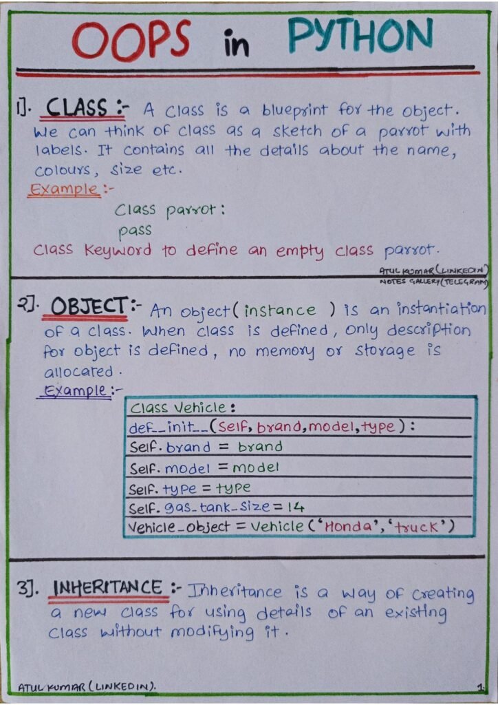 OOPS in Python Handwritten Notes page 0001