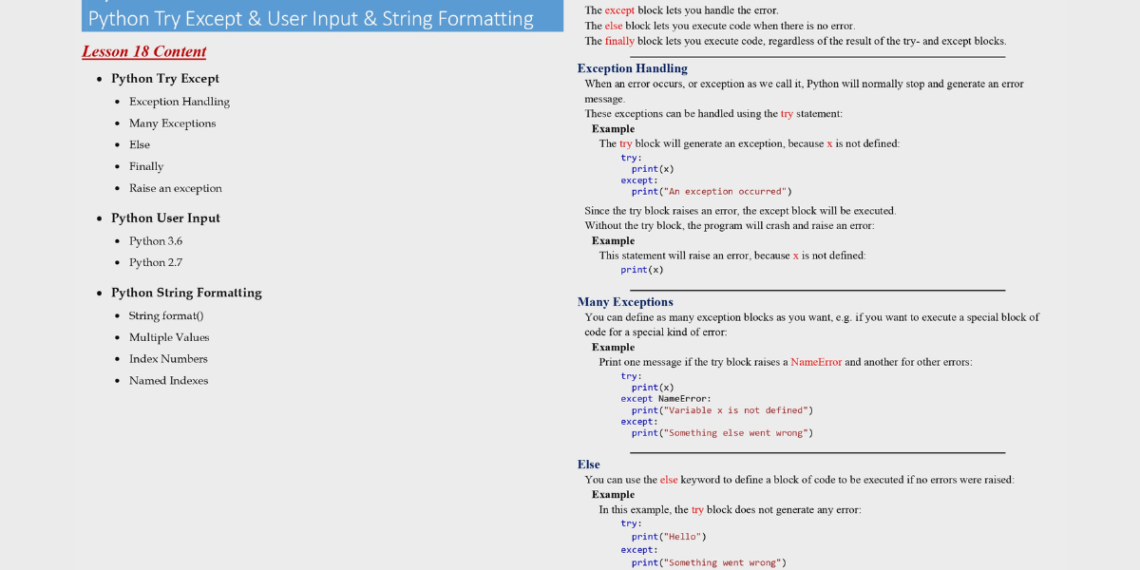 Python From Scratch Lesson 18 PDF (Python Try Except & User Input ...