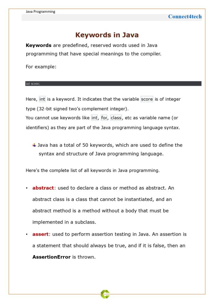 Keywords in java page 0001