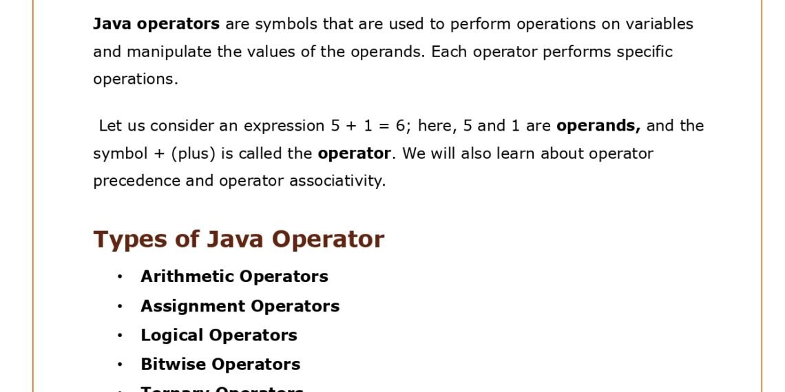 Java Tutorial - Operator in Java (PDF) - Connect 4 Programming