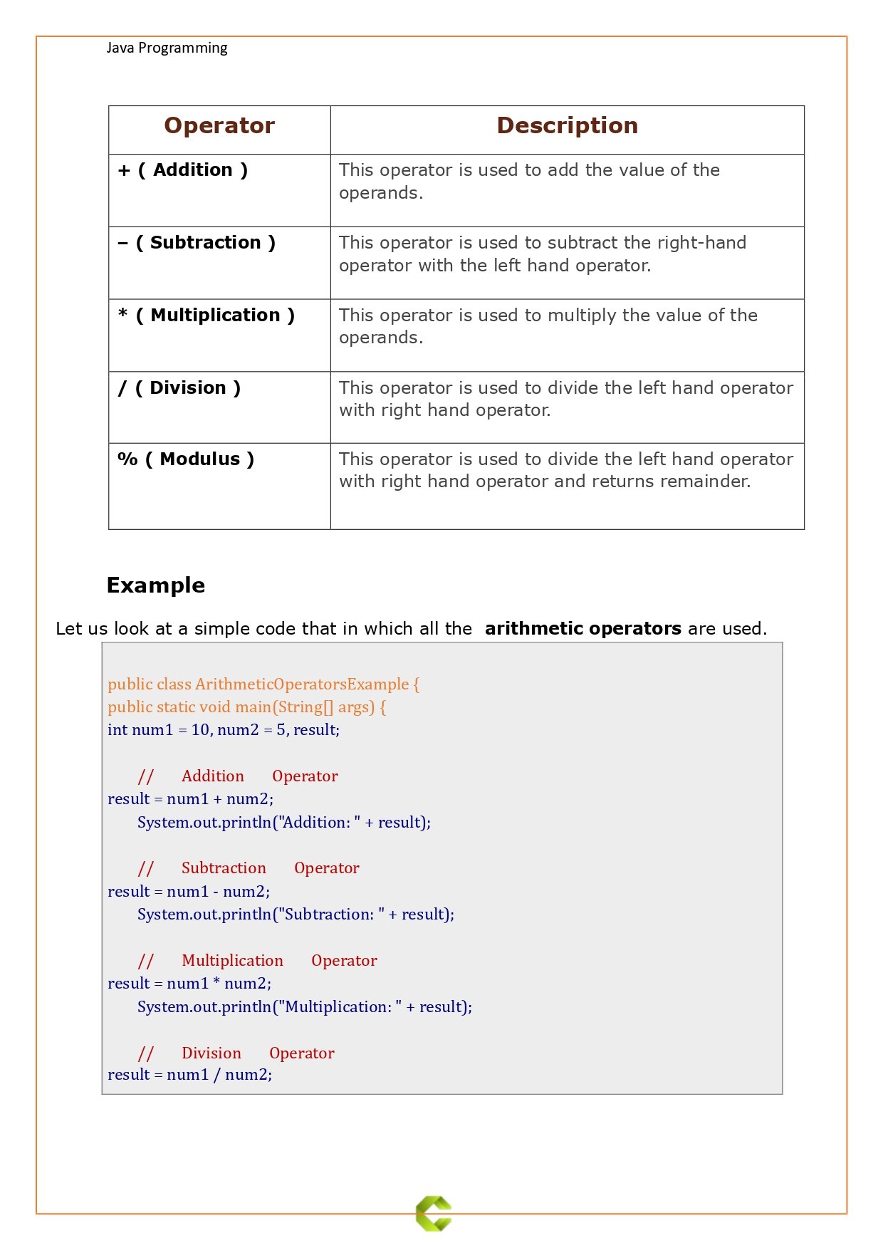 Java Tutorial - Operator in Java (PDF) - Connect 4 Programming