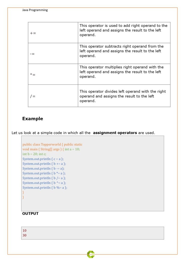 Java Tutorial - Operator in Java (PDF) - Connect 4 Programming