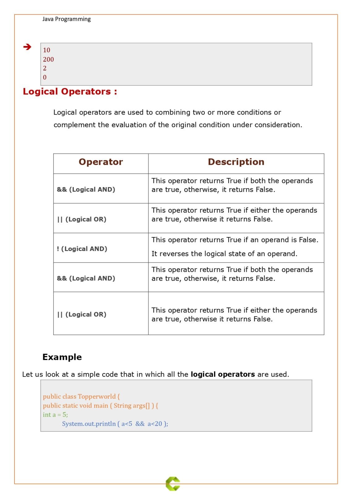 Java Tutorial - Operator in Java (PDF) - Connect 4 Programming