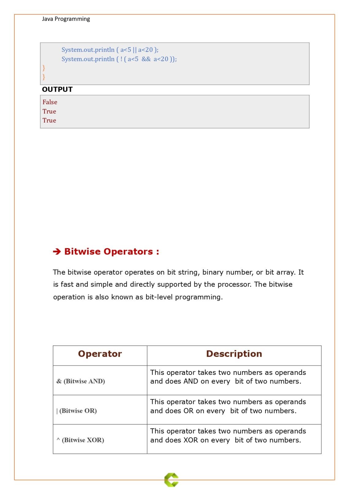 Java Tutorial - Operator in Java (PDF) - Connect 4 Programming