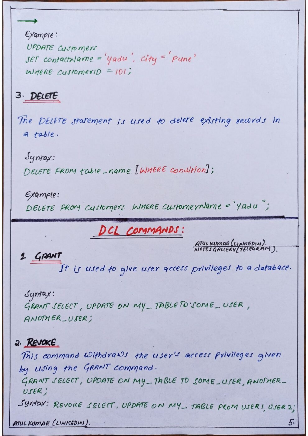 SQL Short Notes Handwritten (PDF) – Connect 4 Programming