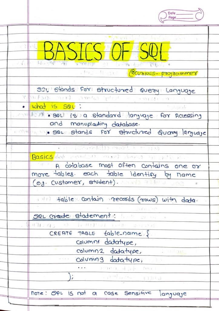 SQL Basics Handwritten Notes Page1