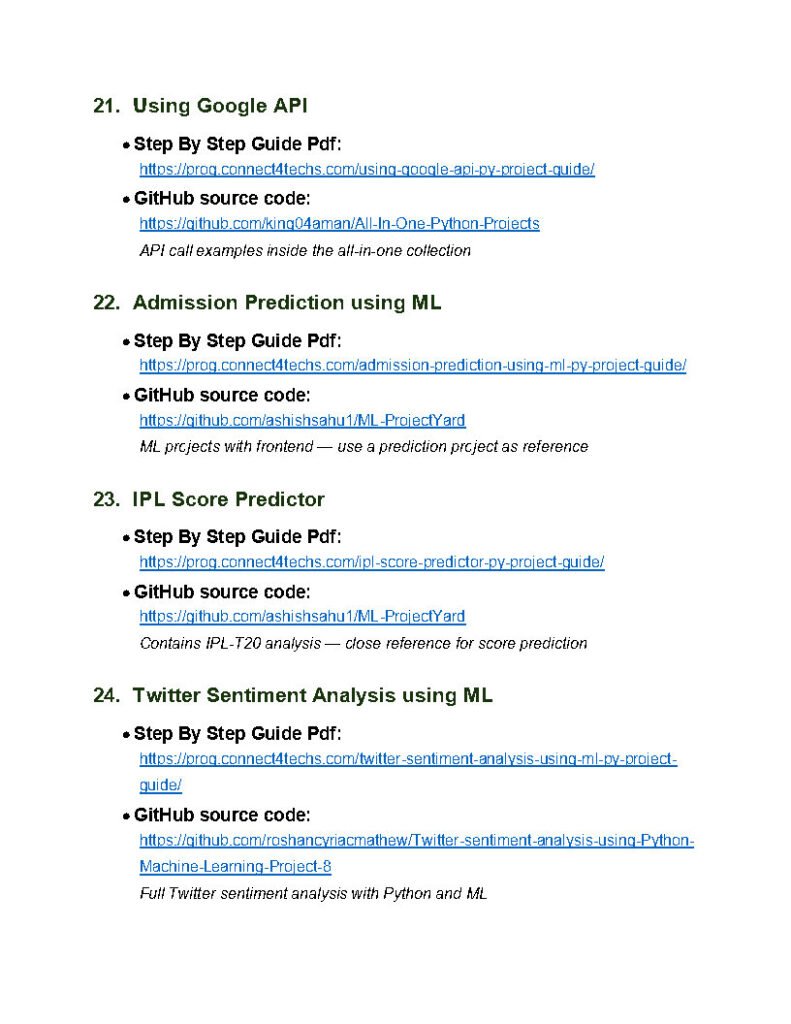 Section listing four ML topics with Step By Step PDFs and GitHub links: Google API, ML prediction, IPL score predictor, and Twitter sentiment analysis.