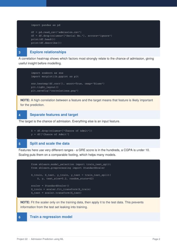 Page from a technical guide showing code blocks and section headers like 'Explore relationships' and 'Separate features and target'.