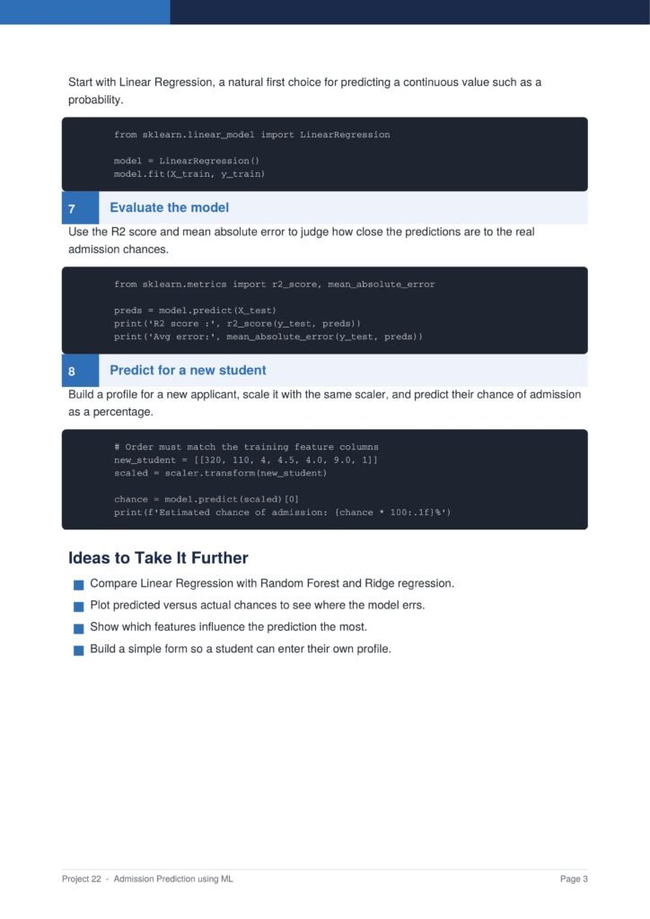 Page from an ML tutorial showing steps 7 and 8: Evaluate the model and Predict for a new student, with Python code blocks and summarized guidance.