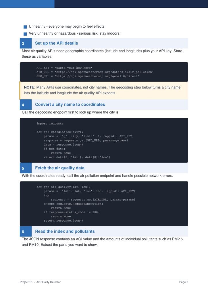 Tutorial page screenshot showing steps 3–6 of a code guide for an Air Quality Detector project, including API setup, converting city names to coordinates, fetching data, and reading index/pollutants with code blocks and notes.