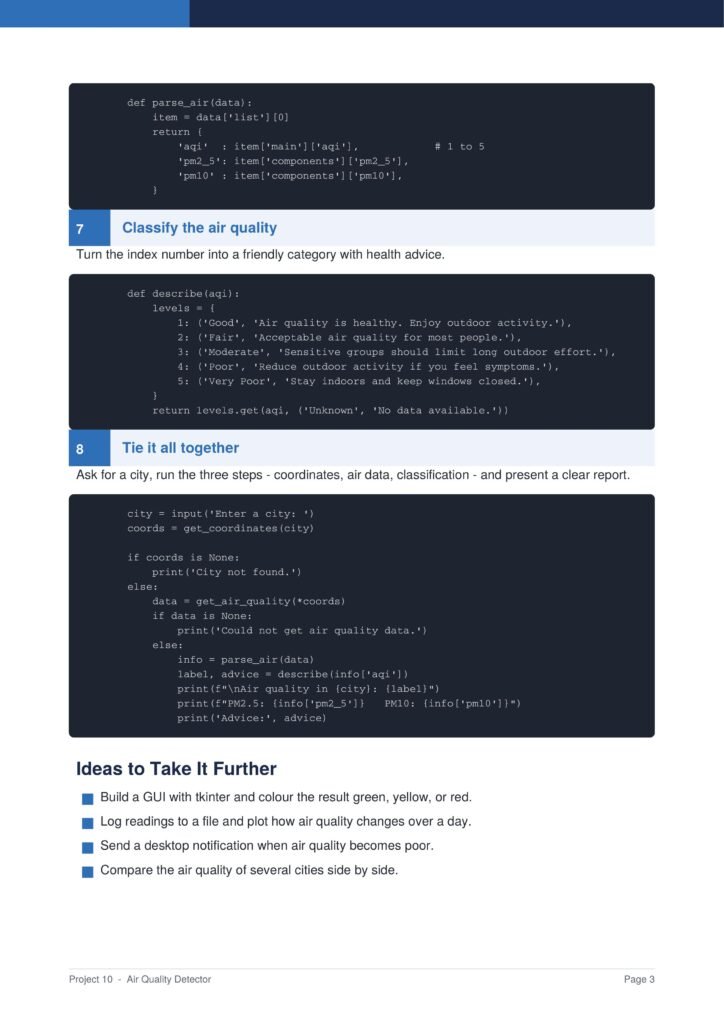 Section of a tutorial page showing steps 7 and 8 about classifying air quality, with dark code blocks and a blue header; includes code snippets and instructions.