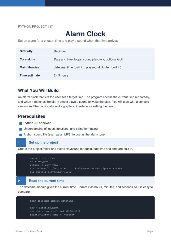 Screenshot of a project page titled 'Alarm Clock' with a summary table of difficulty, core skills, main libraries, and time estimate.