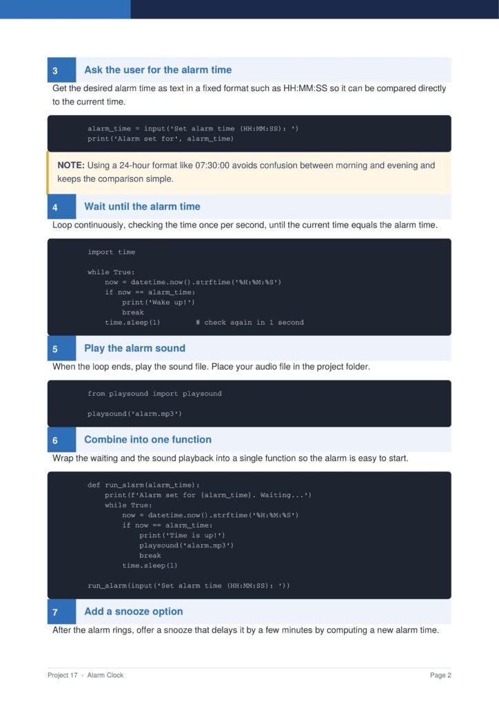 Screenshot of a tutorial page on building an alarm clock, showing steps 3–7: ask for alarm time, wait until alarm time, play alarm sound, combine into one function, and add a snooze option, with code blocks and notes visible.