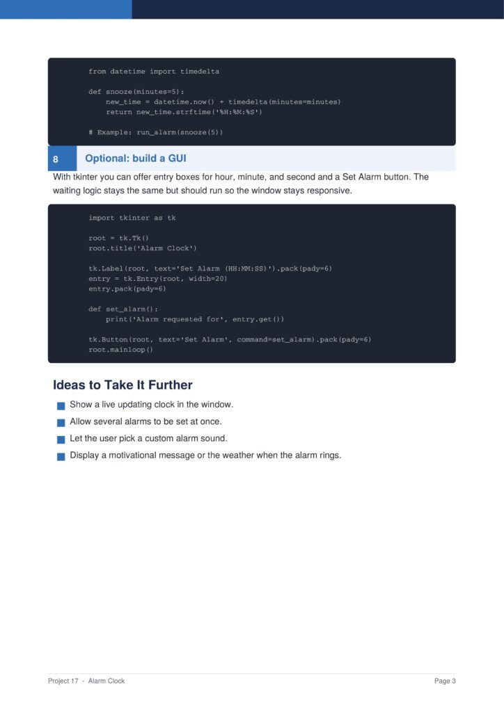 Documentation page showing Python Tkinter code blocks for an Alarm Clock GUI and an 'Ideas to Take It Further' section.