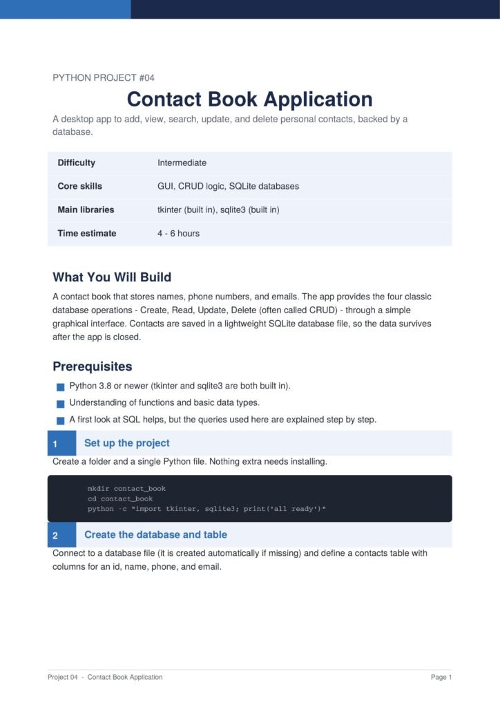 Contact Book Application Py Project Guide 1 - Connect 4 Programming Python Project 04: Contact Book Application title with subtitle about a desktop app for CRUD contacts and a database, blue header above the page.