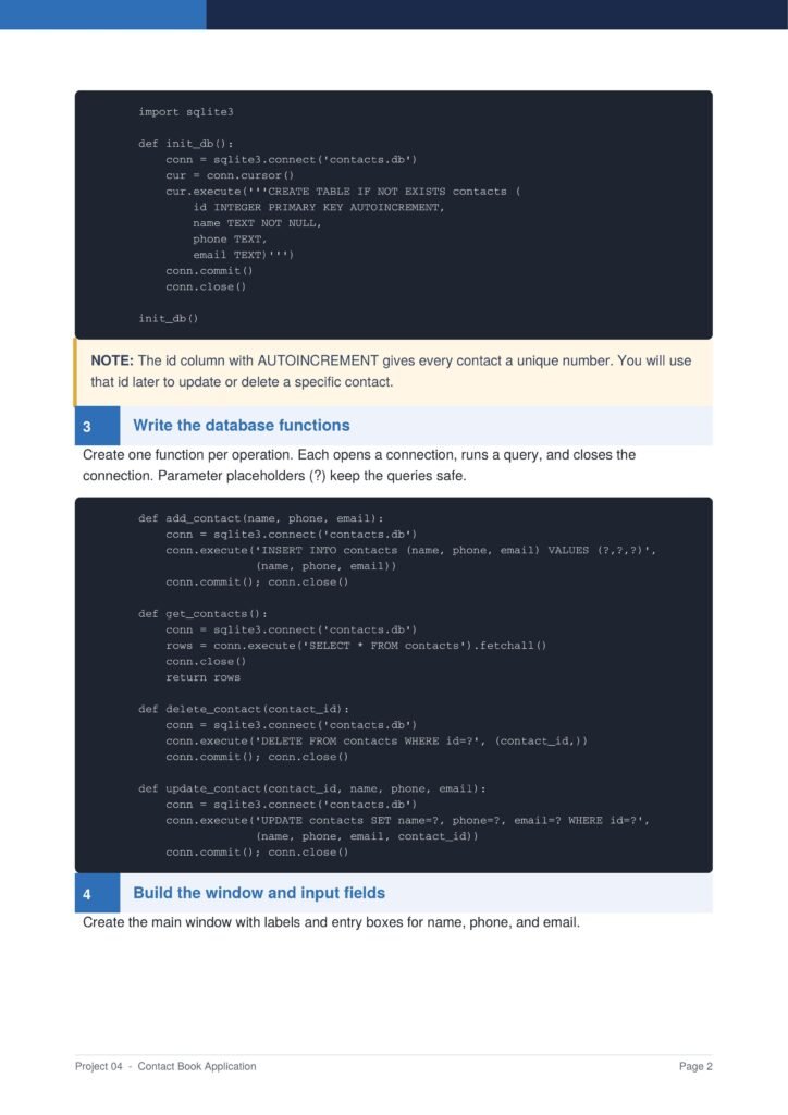 Contact Book Application Py Project Guide 2 - Connect 4 Programming Code block showing Python sqlite3 functions to create and manage a contacts.db (insert, update, delete) with an AUTO_INCREMENT note.** (informational)