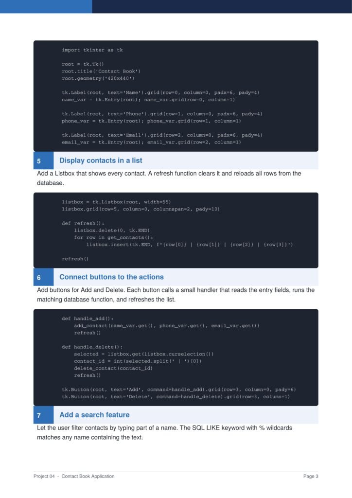 Contact Book Application Py Project Guide 3 - Connect 4 Programming Code example from a Tkinter tutorial showing a Python contact-list UI with a dark code block and a 'Display contacts in a list' section header.