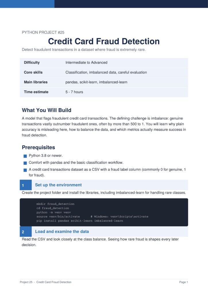 Slide titled Credit Card Fraud Detection with a subtitle and a light blue table outlining difficulty, skills, and time estimate.