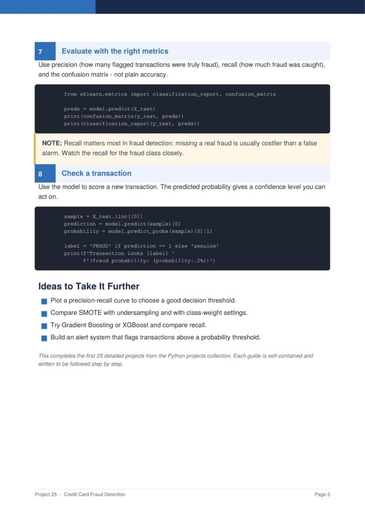 Screenshot of a tutorial page: section 7 'Evaluate with the right metrics' with Python code block, a NOTE box, section 8 'Check a transaction', followed by ideas to take it further and page footer.