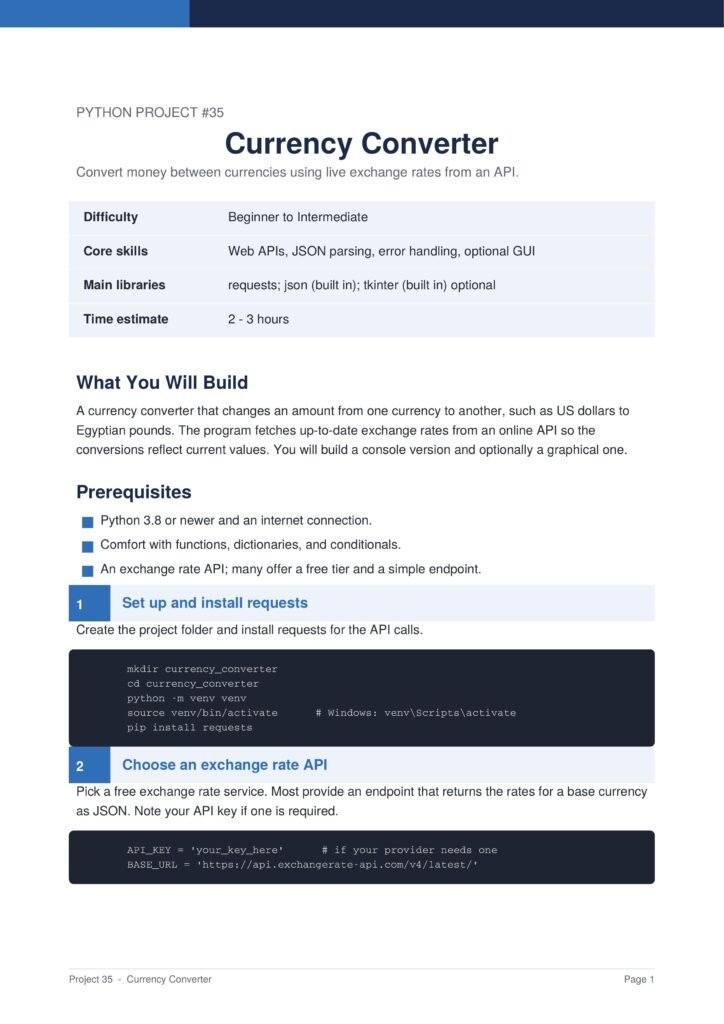 Page header for Python Project #35 titled 'Currency Converter' with a blue theme and a light-blue information table listing Difficulty, Core skills, Main libraries, and Time estimate.
