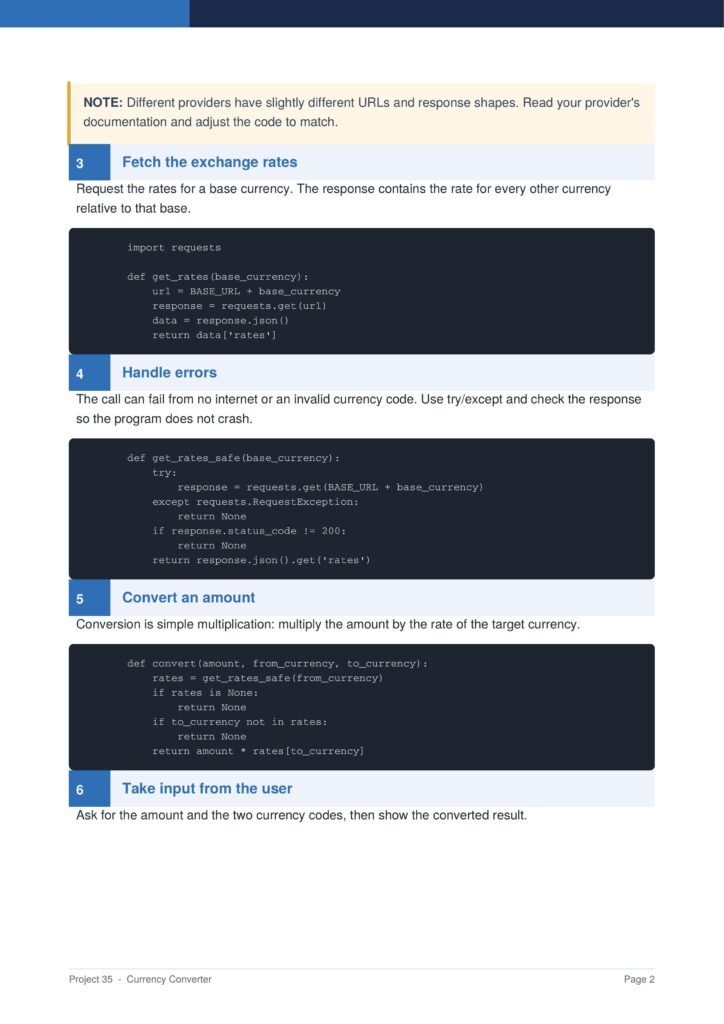 Tutorial page snippet: Section 3 Fetch the exchange rates with a code block, then Section 4 Handle errors and another code block (Currency Converter project).