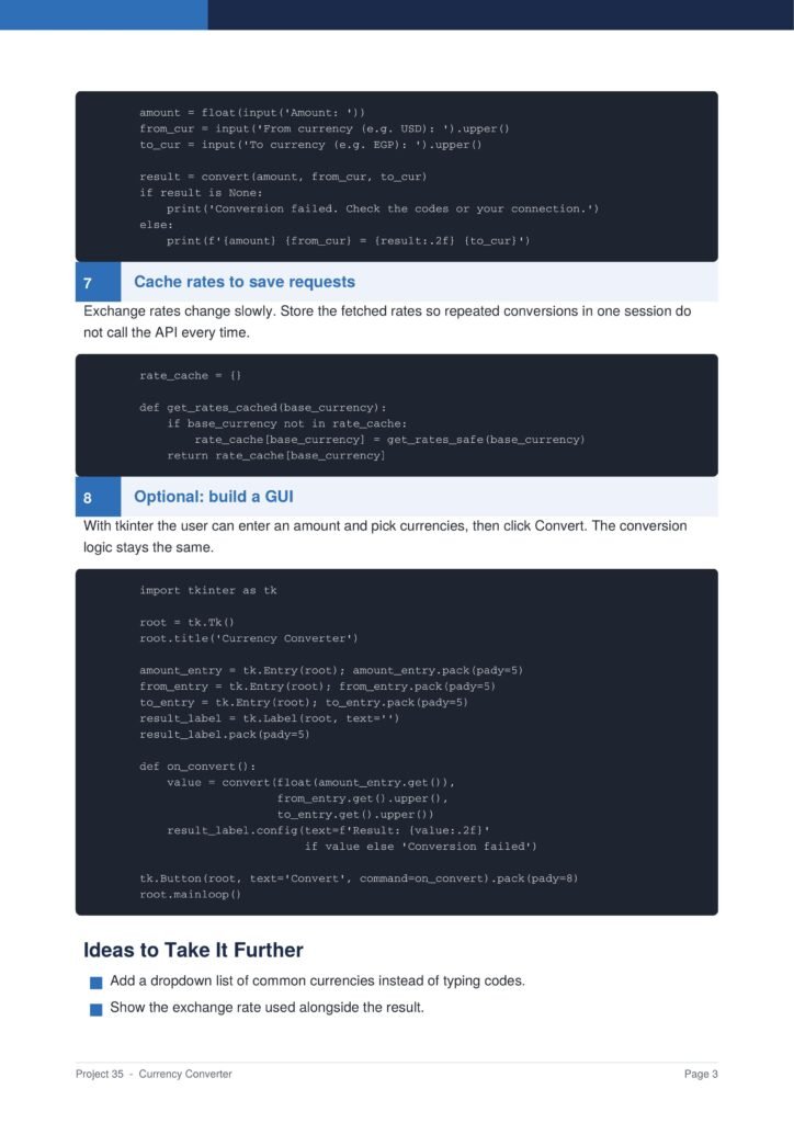 Page from a currency converter doc showing code blocks (Python) and section 7 'Cache rates to save requests' with GUI notes and section 8 'Optional: build a GUI' headings.