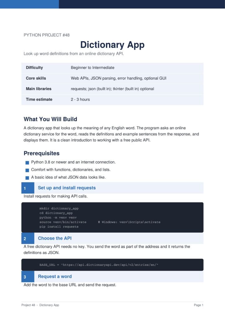 Dictionary App Py Project Guide 1 - Connect 4 Programming Dictionary App project page: Python Project #48, title Dictionary App, with subtitle about looking up word definitions from an online dictionary API.