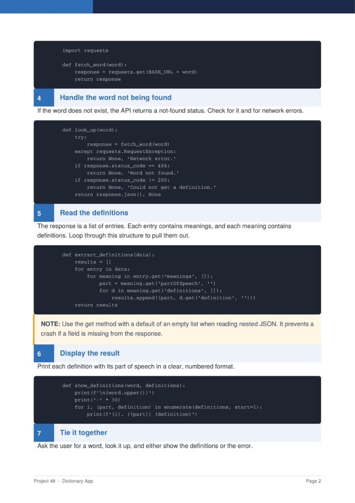 Dictionary App Py Project Guide 2 - Connect 4 Programming Page from a programming tutorial showing Python code blocks for a dictionary app, with a section titled 'Handle the word not being found'.