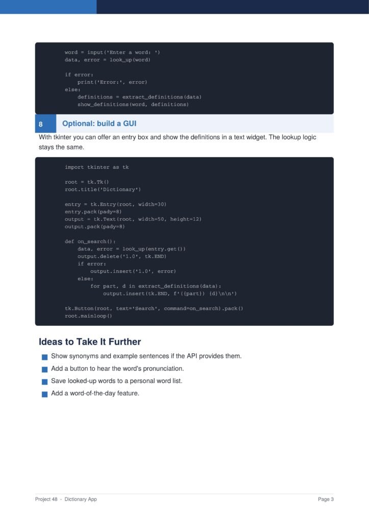 Dictionary App Py Project Guide 3 - Connect 4 Programming Screenshot of a technical book page showing code blocks in dark panels, a blue 'Optional: build a GUI' header, and a text description about Tkinter for a dictionary app.