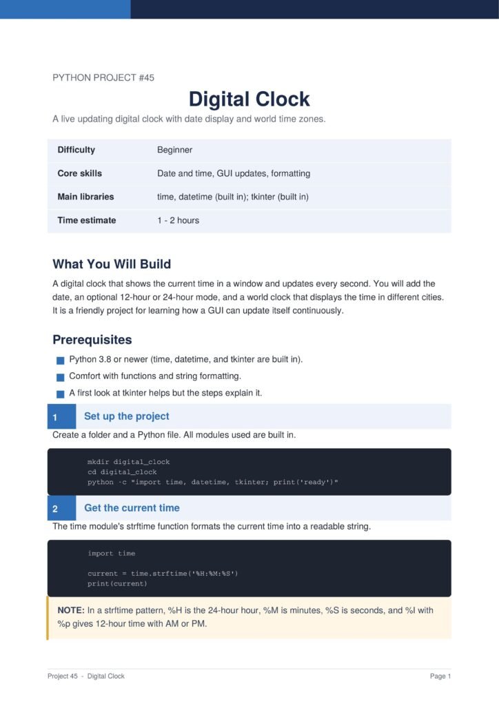 Digital Clock Py Project Guide 1 - Connect 4 Programming Screenshot of a guide page titled'Digital Clock' with a blue header and a light blue info table showing difficulty and skills.