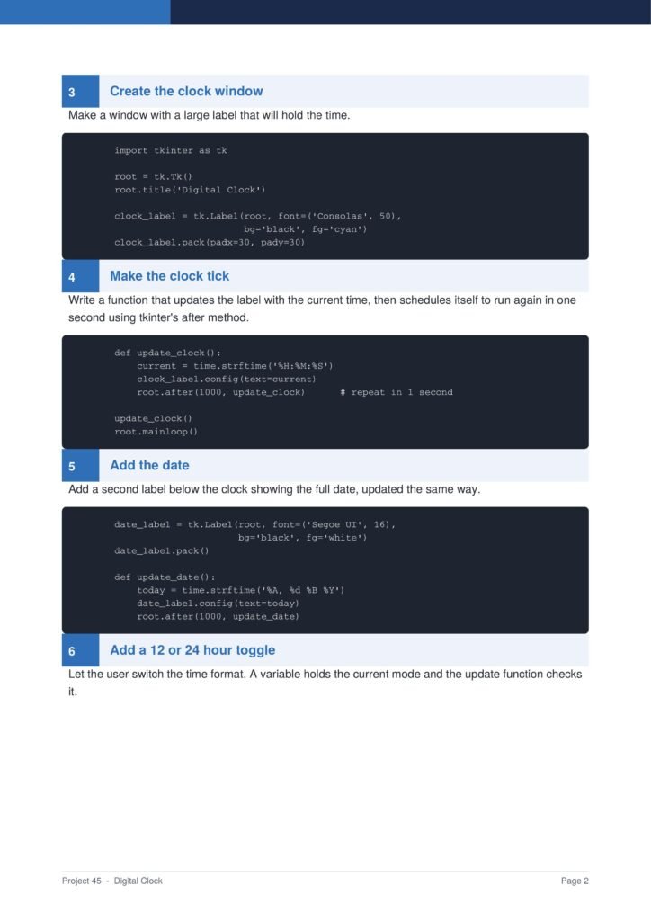 Digital Clock Py Project Guide 2 - Connect 4 Programming Tutorial page screenshot: sections'Create the clock window' and 'Make the clock tick' with Python Tkinter code blocks.