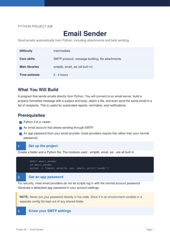Email Sender Py Project Guide 1 - Connect 4 Programming Project 38: Email Sender overview page with title, subtitle and a blue table of difficulty, core skills, libraries, and time estimate.
