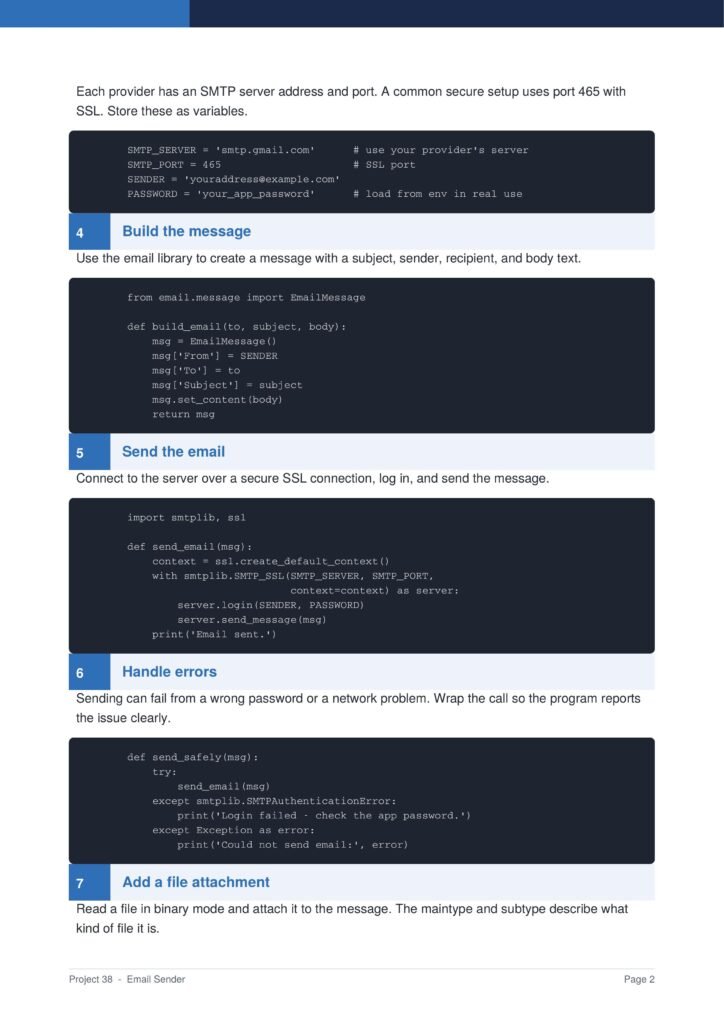 Email Sender Py Project Guide 2 - Connect 4 Programming Tutorial page showing steps to build and send an email (SMTP setup, build_email, send_email) with code blocks and numbered sections 4–6