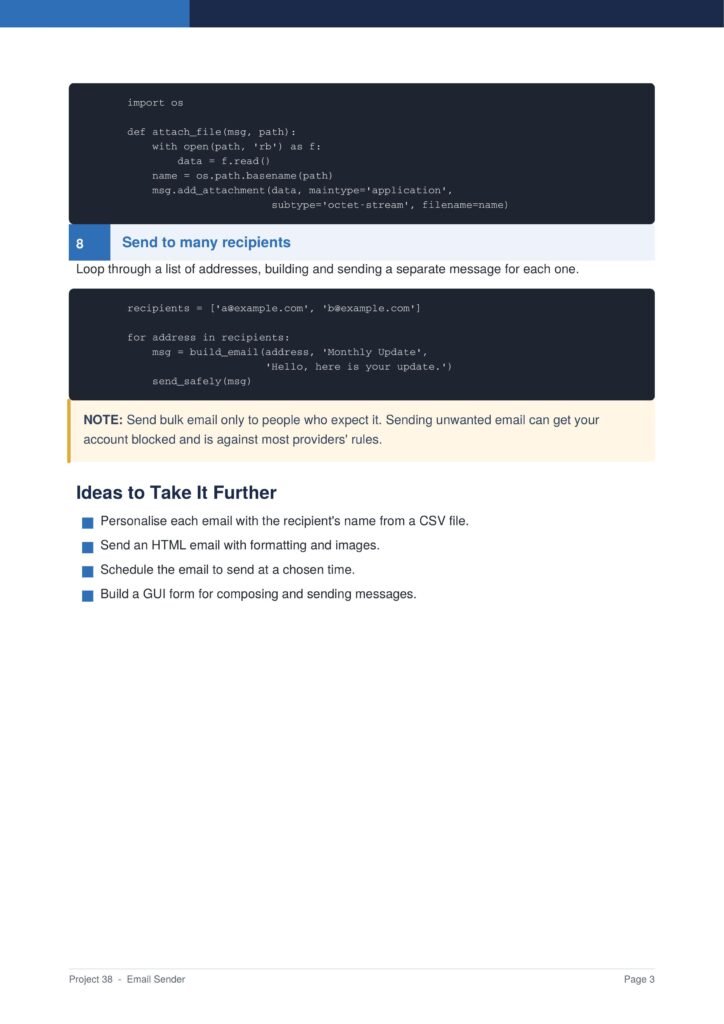 Email Sender Py Project Guide 3 - Connect 4 Programming Tutorial page showing Python code blocks for sending emails to multiple recipients; includes a list of addresses and a loop, with a note about bulk sending.