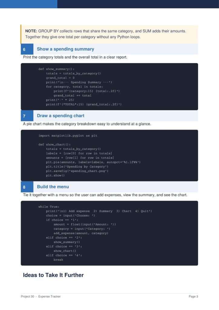 Section 6 from a Python tutorial showing how to show a spending summary, with a note, blue section header, and a dark code block labeled show_summary().