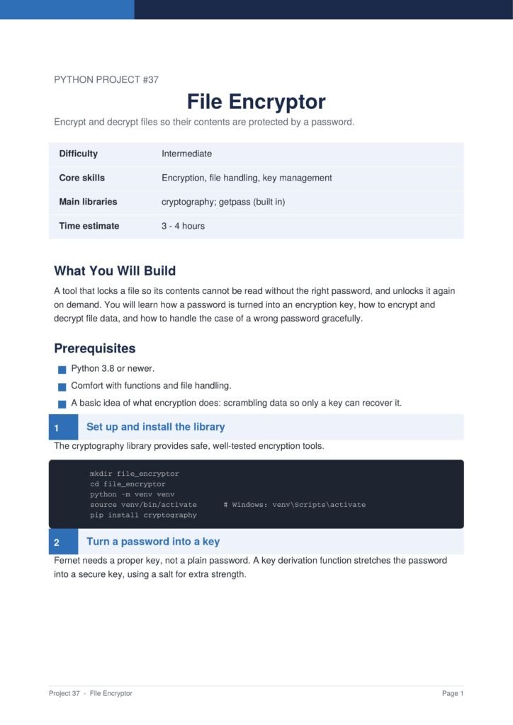 File Encryptor Py Project Guide 1 - Connect 4 Programming Page from Python Project #37: File Encryptor with a blue header, project summary table, and opening sections like What You Will Build and Prerequisites (informational image).