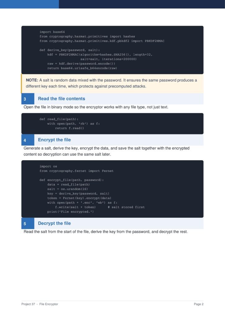 File Encryptor Py Project Guide 2 - Connect 4 Programming Tutorial page screenshot showing steps 3–5: Read, Encrypt, Decrypt the file with dark code blocks and a NOTE about salt.