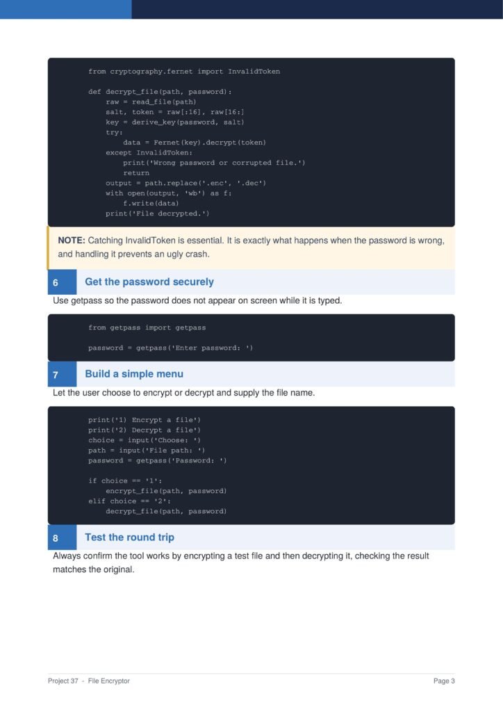 File Encryptor Py Project Guide 3 - Connect 4 Programming Tutorial page showing code blocks about file encryption, with notes and section headers like 'Get the password securely' and 'Build a simple menu'.