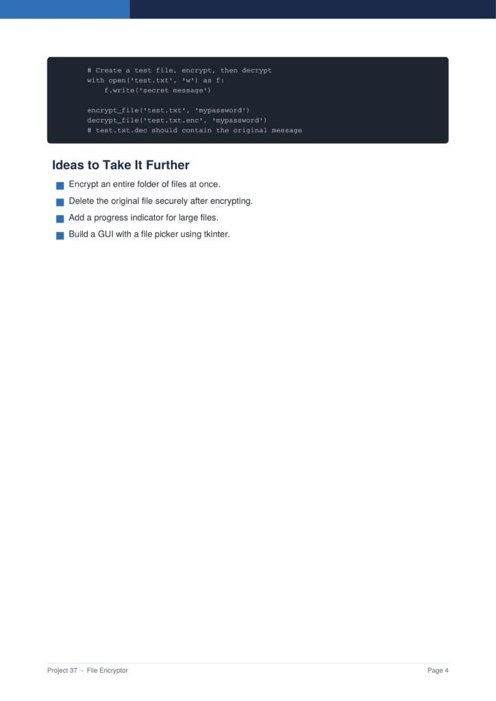 File Encryptor Py Project Guide 4 - Connect 4 Programming Code snippet block showing Python-like encrypt/decrypt commands, then a list of four ideas under 'Ideas to Take It Further'