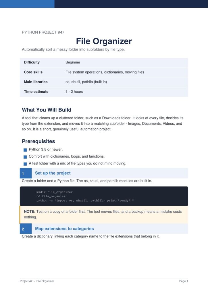 File Organizer Py Project Guide 1 - Connect 4 Programming Page from Python Project #47 titled File Organizer showing a summary table (Difficulty Beginner, Core skills, Main libraries, Time estimate) and introductory section text.