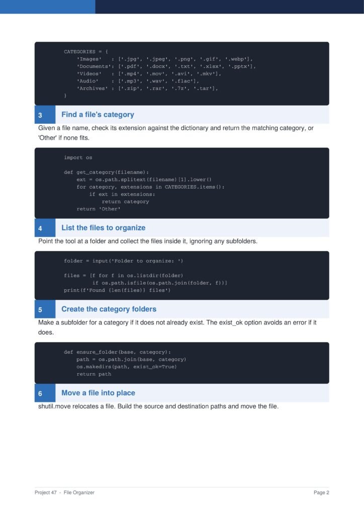 File Organizer Py Project Guide 2 - Connect 4 Programming Page from a tutorial on file organization showing step 3: Find a file's category with Python code to determine extension category and return 'Other' if none fits.