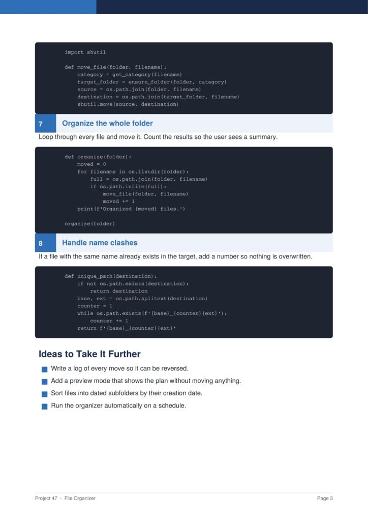 File Organizer Py Project Guide 3 - Connect 4 Programming Page showing code snippets for organizing a folder: moving files, counting moves, and handling name clashes.