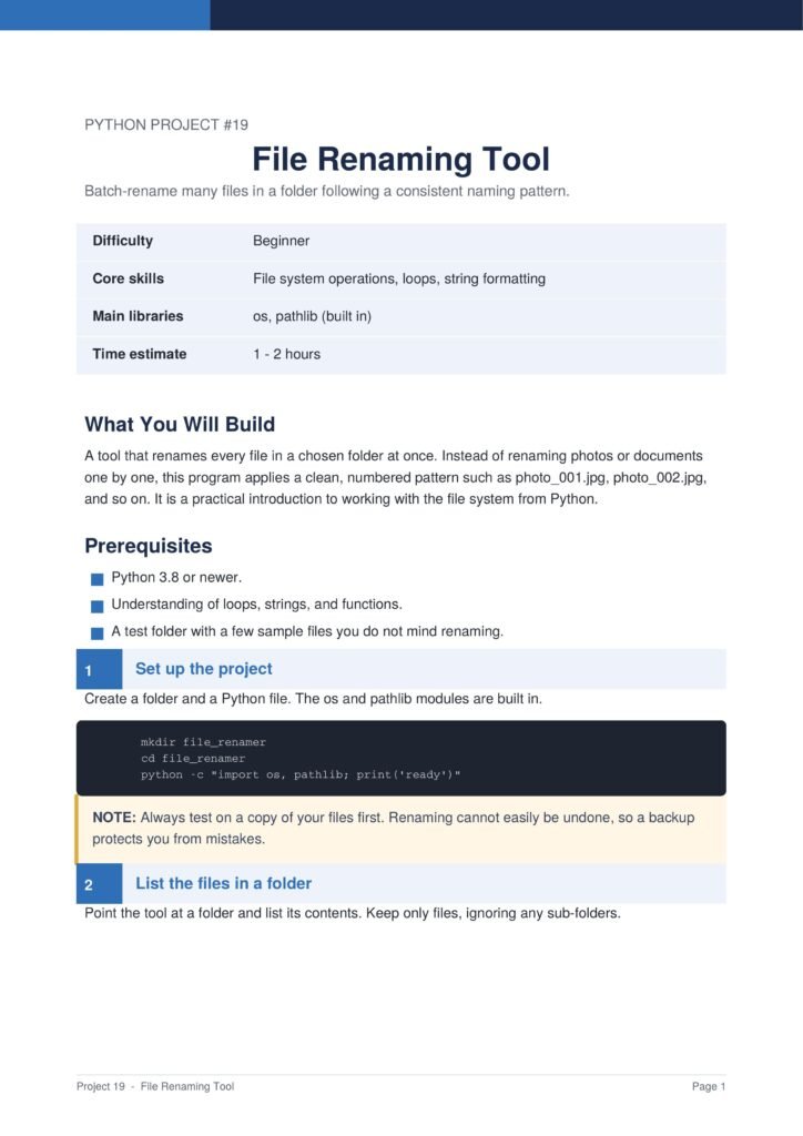 File Renaming Tool Py Project Guide 1 - Connect 4 Programming Python Project #19: File Renaming Tool. An infographic with a blue table listing difficulty, core skills, main libraries, and time estimate, followed by sections about what you’ll build and prerequisites.