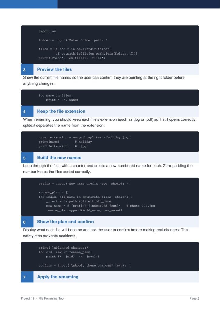 File Renaming Tool Py Project Guide 2 - Connect 4 Programming Screenshot of a tutorial page titled 'File Renaming Tool', showing steps 3–7 with code blocks and blue section headers
