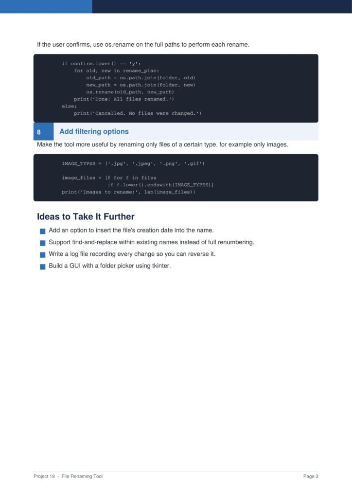 File Renaming Tool Py Project Guide 3 - Connect 4 Programming Tutorial page showing Python code to rename files and filter images, featuring 'Add filtering options' and 'Ideas to Take It Further' sections.