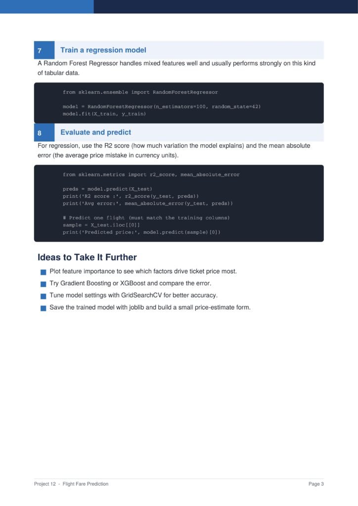 Page from a data science tutorial showing regression model steps: headings 'Train a regression model' and 'Evaluate and predict' with Python code blocks for RandomForestRegressor and scoring metrics.