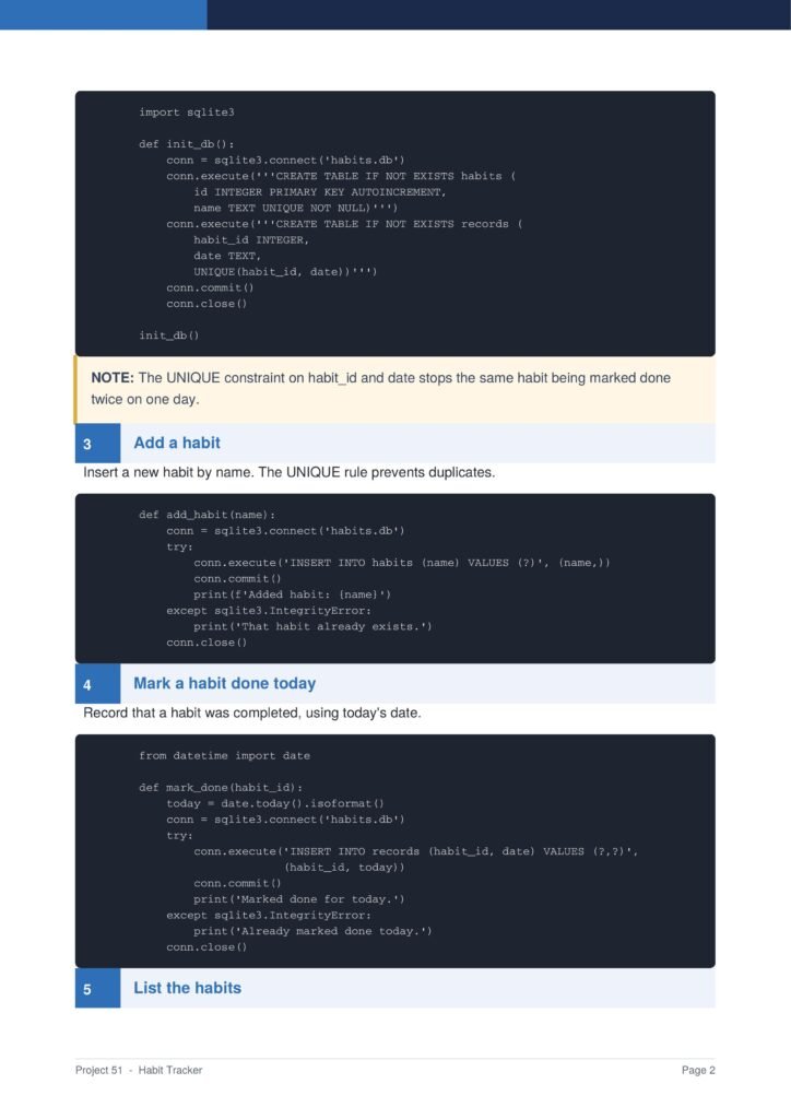 Habit Tracker Py Project Guide 2 - Connect 4 Programming Screenshot of a code tutorial page showing Python SQLite3 habit-tracker examples and section headers like 'Add a habit' and 'Mark a habit done today'