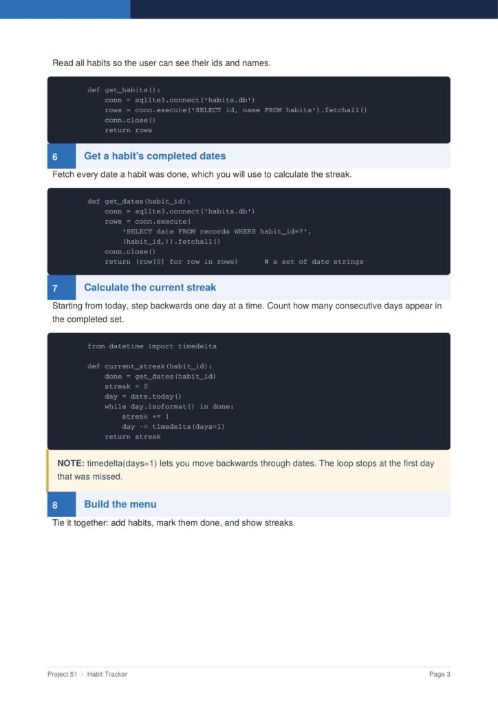 Habit Tracker Py Project Guide 3 - Connect 4 Programming Sectioned tutorial page showing code blocks for habit tracking (Python) with steps 6–8: Get a habit's completed dates, Calculate the current streak, Build the menu.