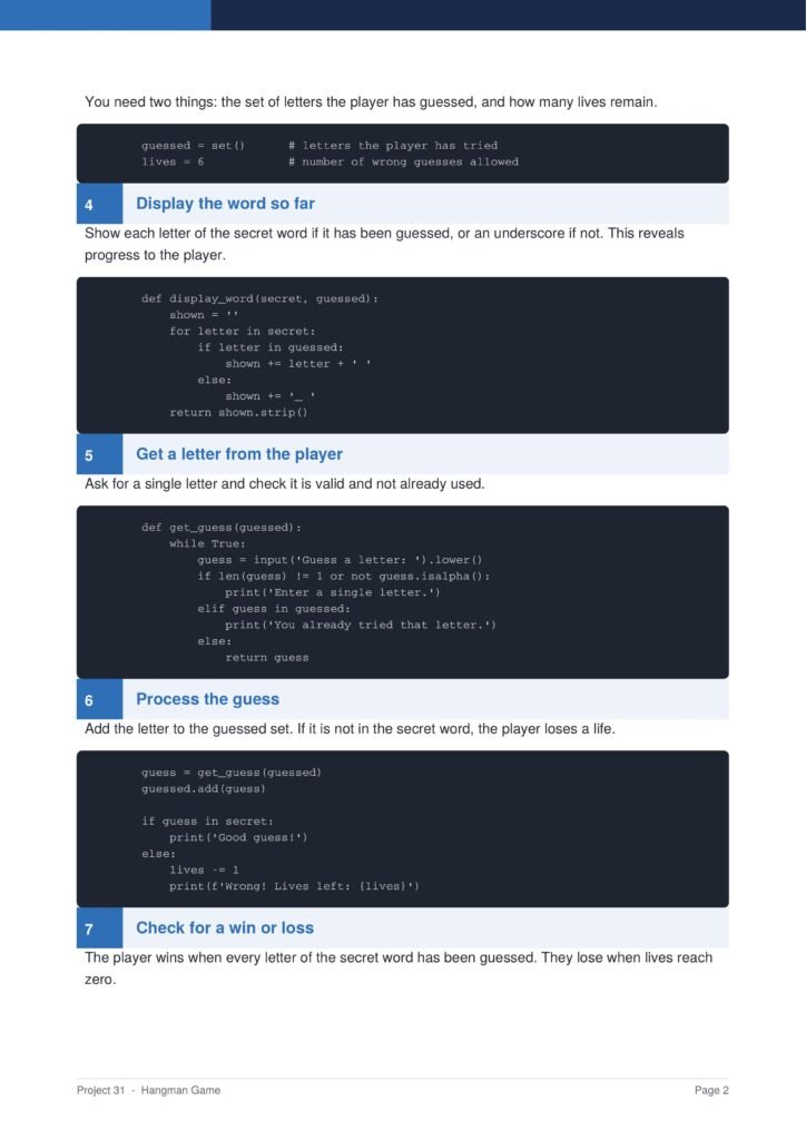 Tutorial page showing Hangman game steps with code blocks. Step 4 title 'Display the word so far' and a dark code panel; Step 5 'Get a letter from the player' with another code block; blue numbered section headers and explanatory text visible on the page.