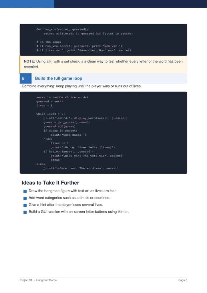 Python Hangman tutorial code blocks showing has_won, the full game loop, and tips.